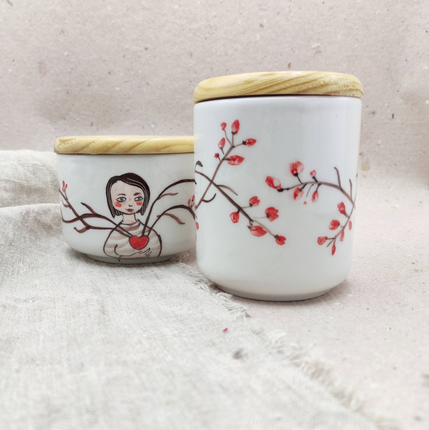 Conjunto de tarros de cocina medianos cerámica artesanal dibujo niña con flores