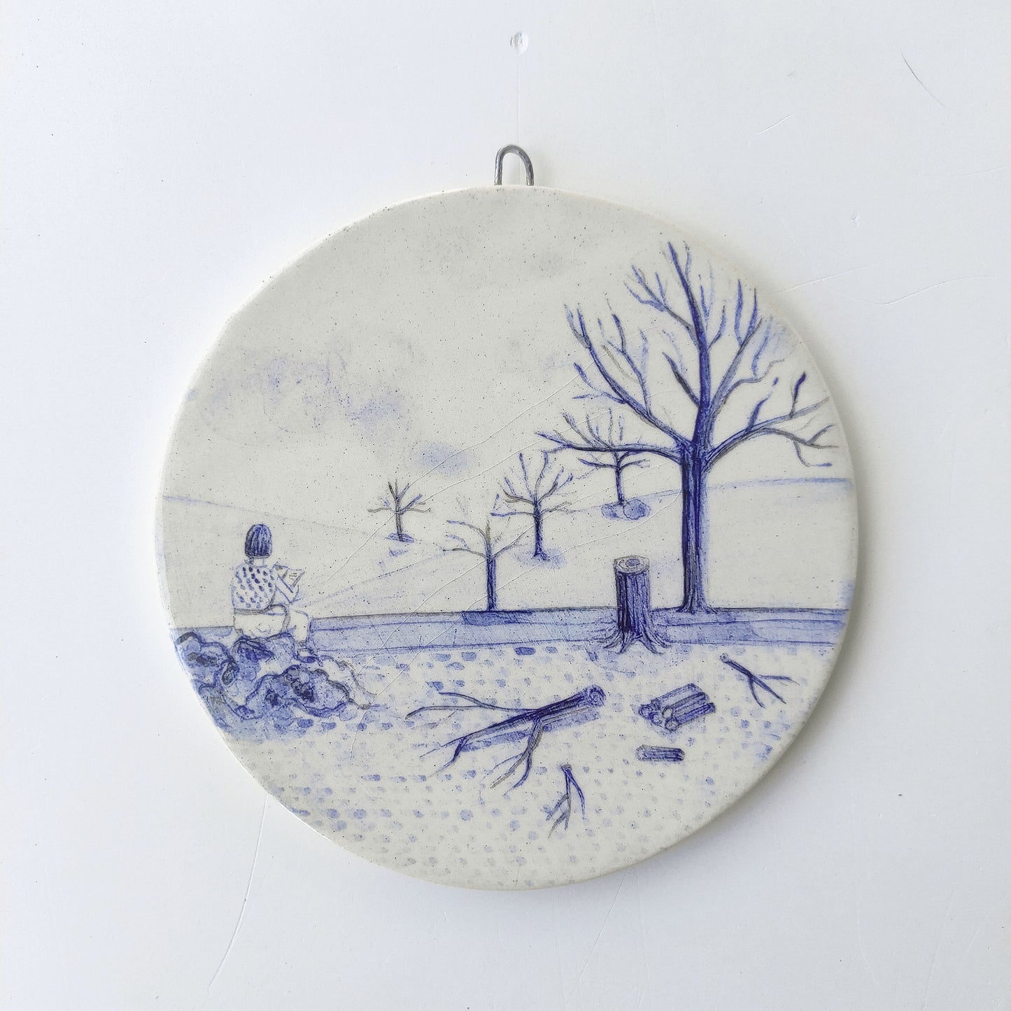 Pieza única cerámica decoración pared paisaje sereno azul numerada
