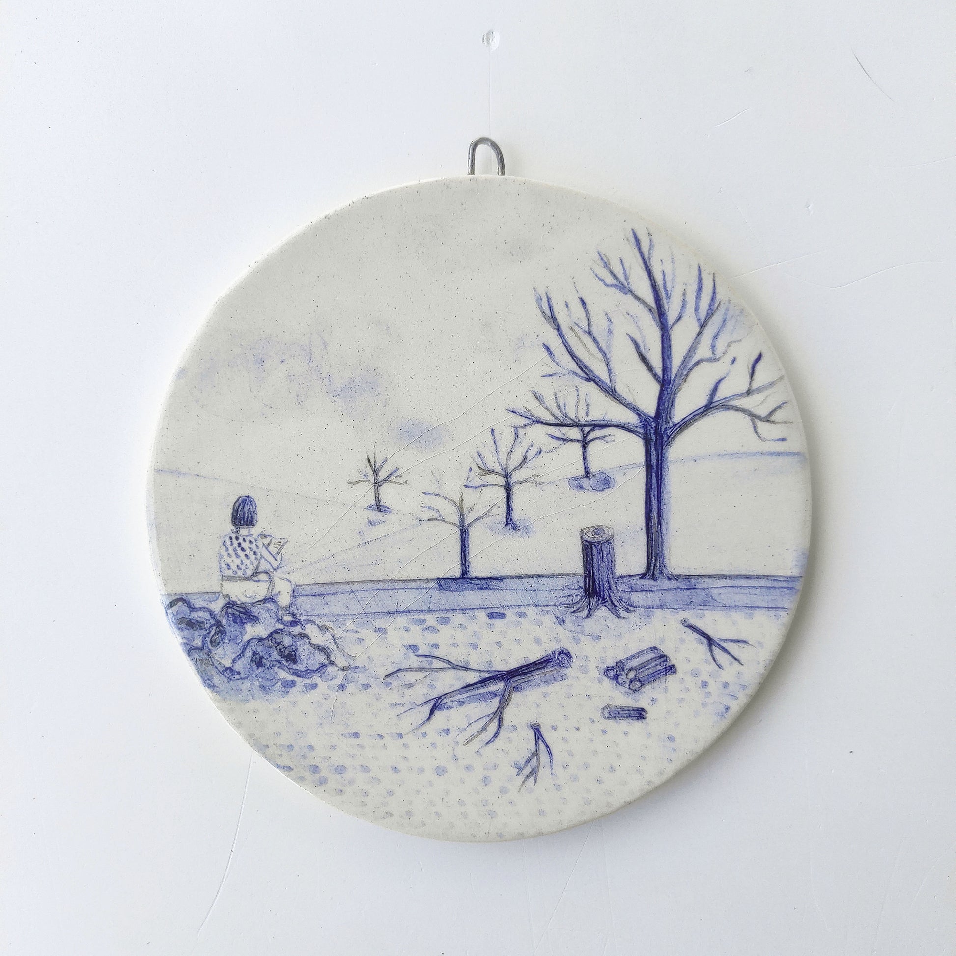 Pieza única cerámica decoración pared paisaje sereno azul numerada
