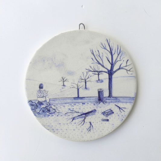 Pieza única cerámica decoración pared paisaje sereno azul numerada
