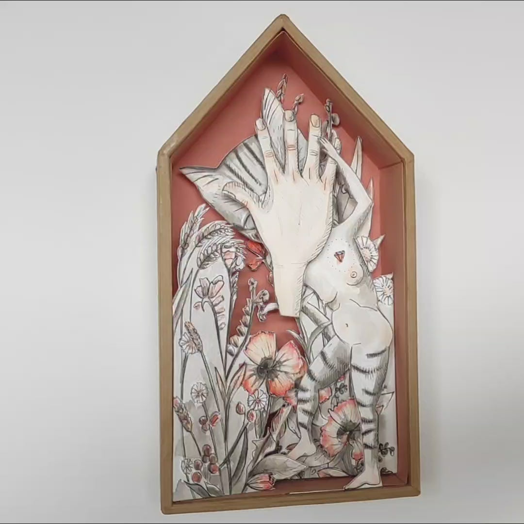 Video de Caja pop-up Mujer gato con dibujo tinta china sobre papel acuarela