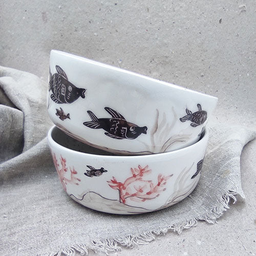 Cuenco cerámica blanca BIHU diseño marino pintado a mano