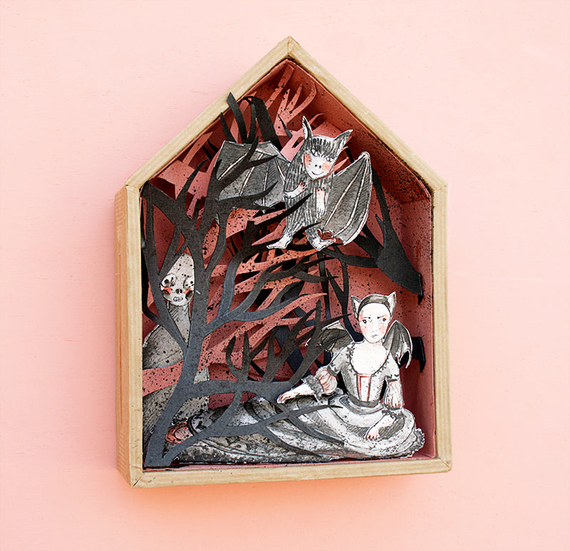 Nocturnidad_Caja pop up_muñecos recortables_dibujo tinta china