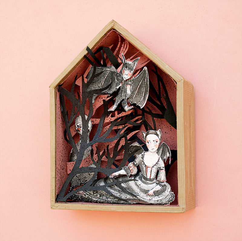 Nocturnidad_Caja pop up_muñecos recortables_dibujo tinta china