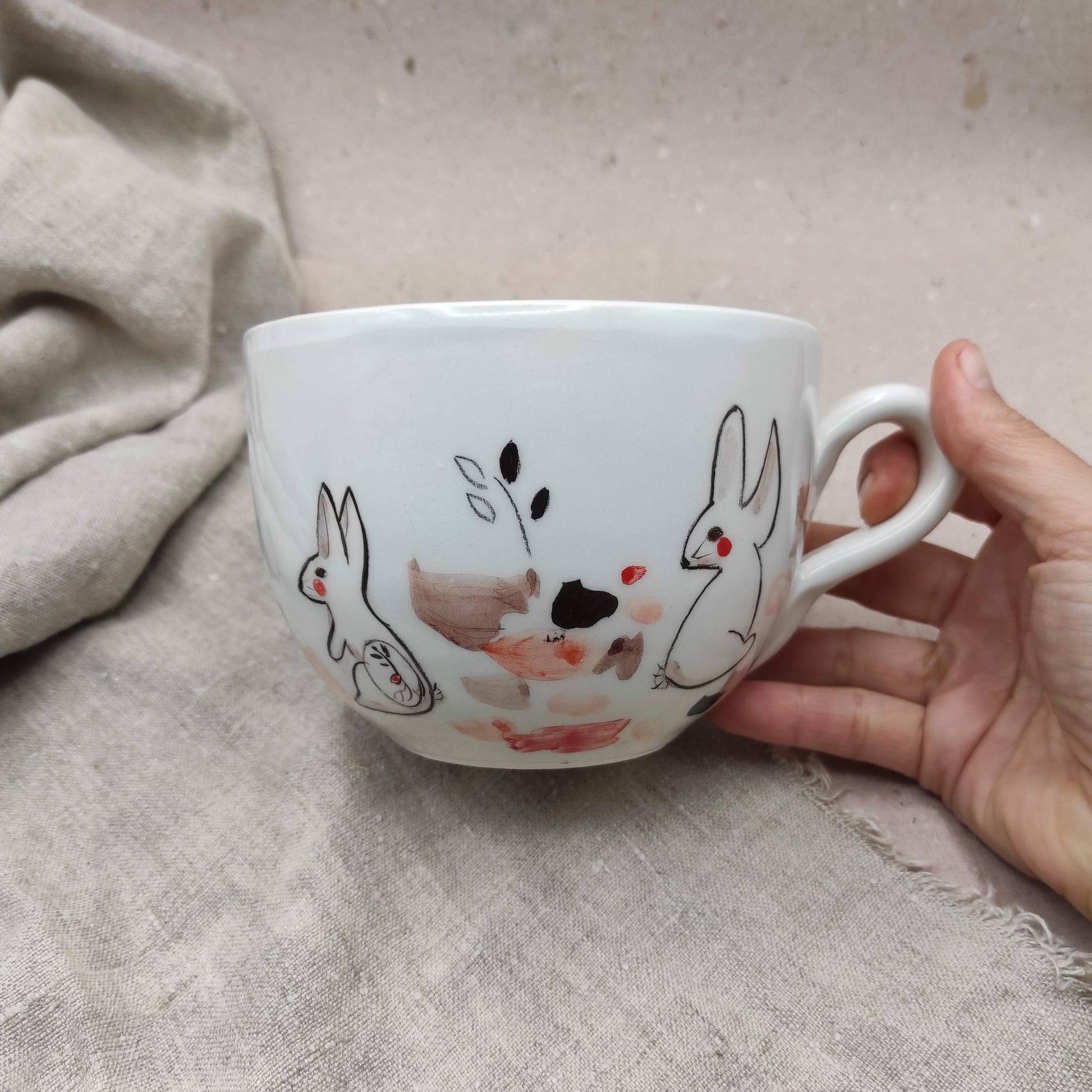 Taza desayuno extra grande cerámica capacidad generosa diseño conejos trasero