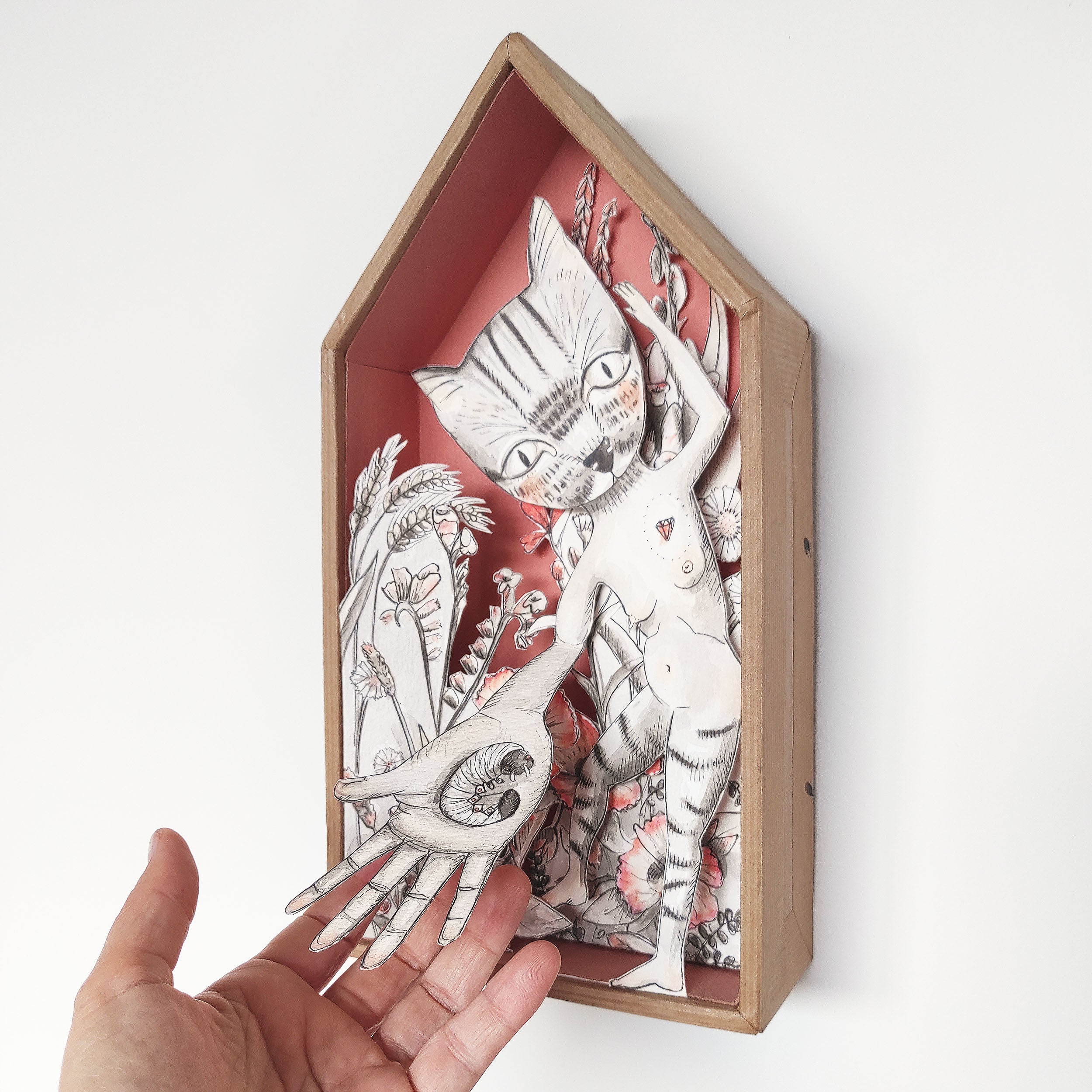 Arte pop-up Mujer gato colgado en pared como decoración