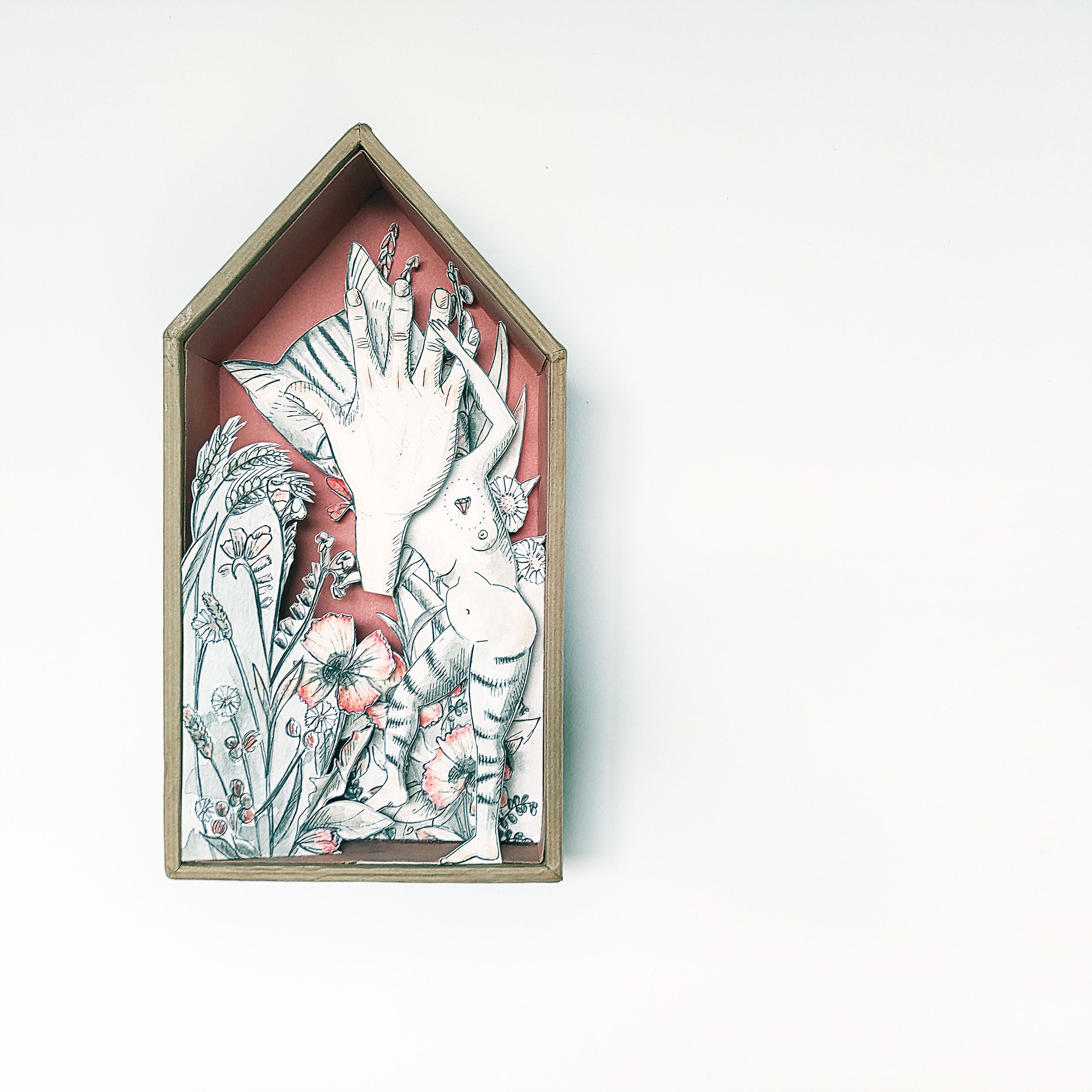 Caja pop-up Mujer gato con dibujo tinta china sobre papel acuarela