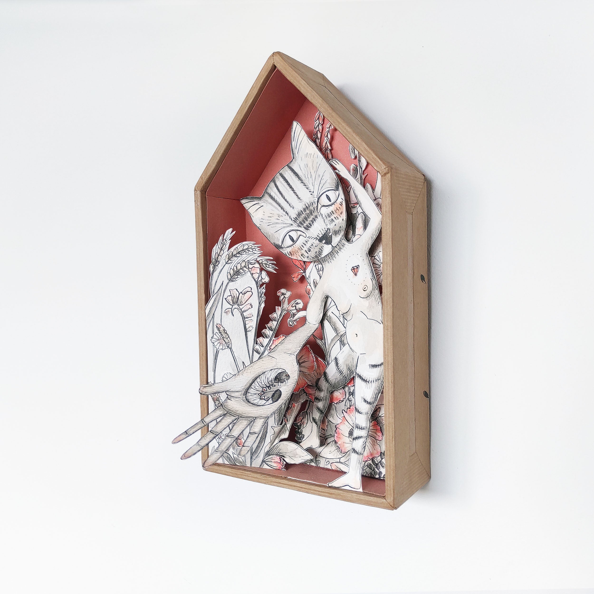 Caja pop-up Mujer gato con dibujo tinta china sobre papel acuarela