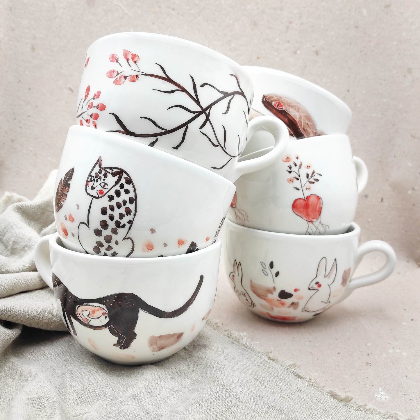 conjunto de taza sextra grandes cerámica pintada a mano con diseños coloridos