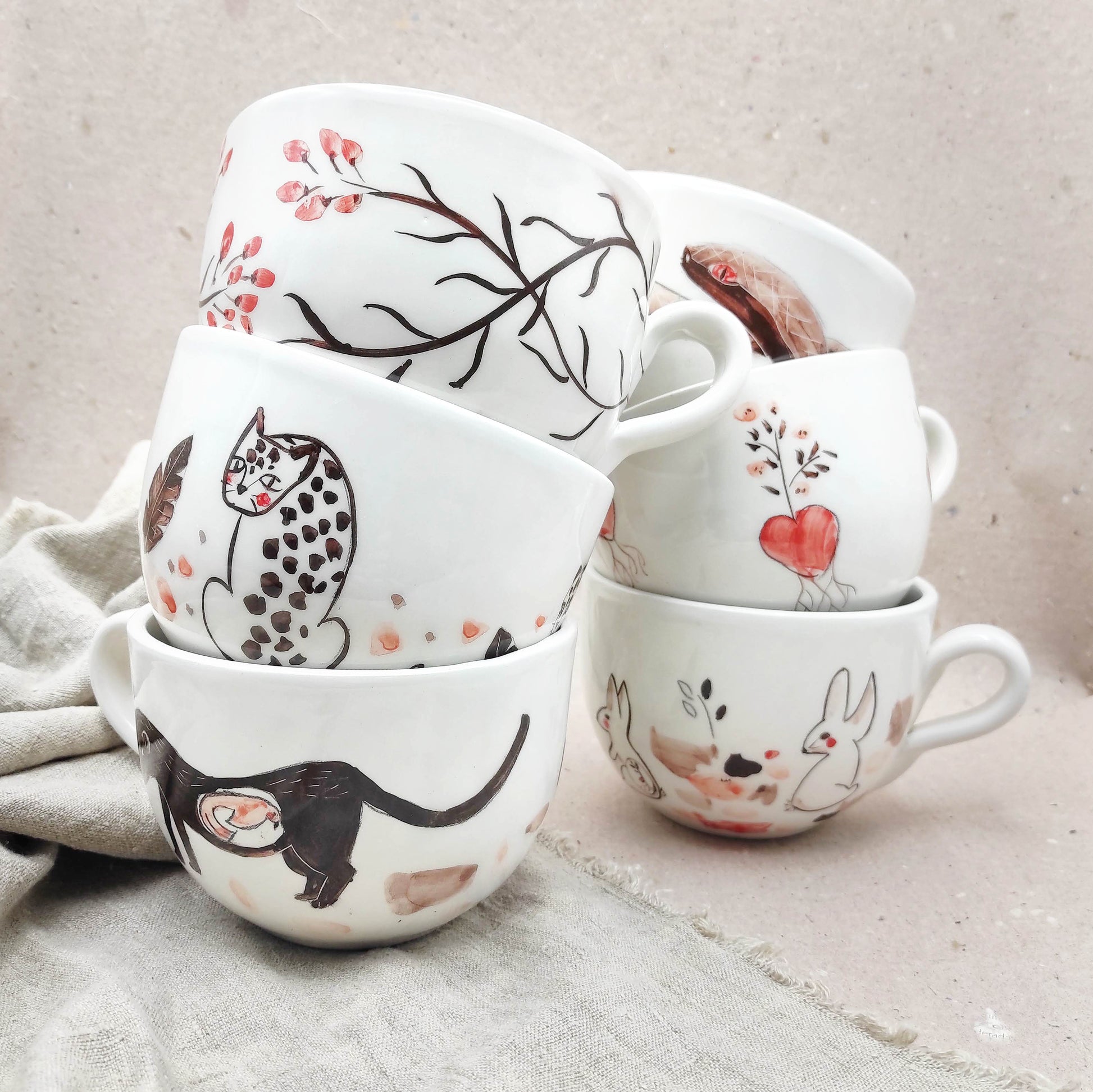 conjunto de taza sextra grandes cerámica pintada a mano con diseños coloridos