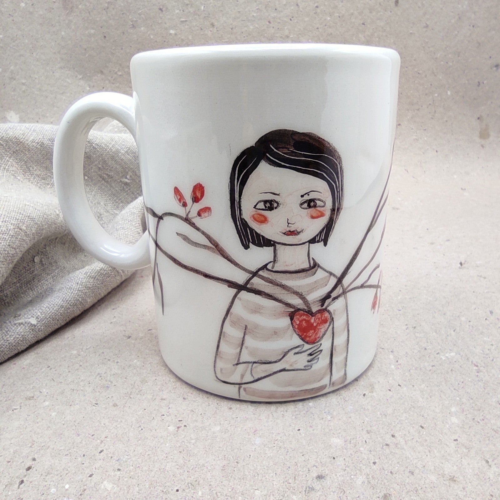 Mug desayuno cerámica con diseño nina flores pintados a mano