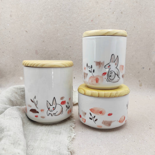 Conjunto de tarros de cocina pequeños cerámica artesanal de dibujo conejos
