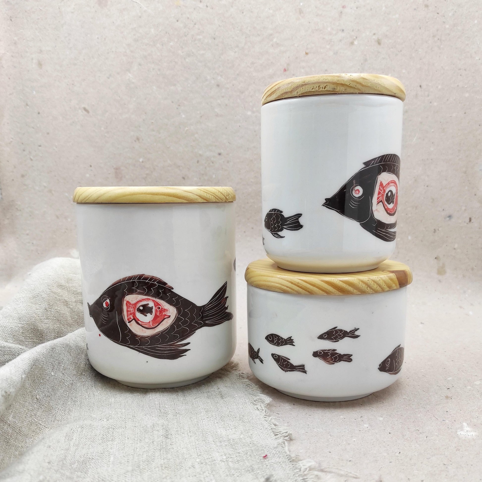Conjunto de tarros de cocina pequeños cerámica artesanal peces 